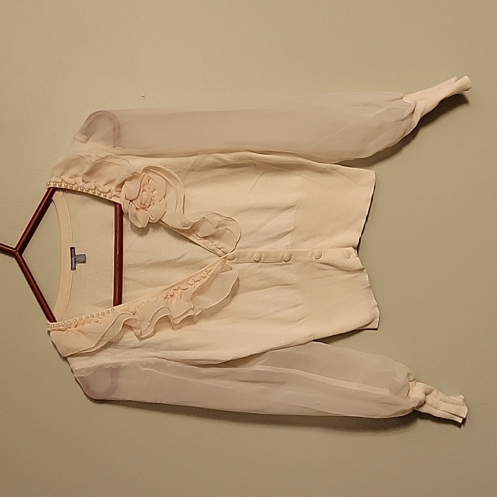 Cream Sweater Cardigan Sheer Sleeves Size Small